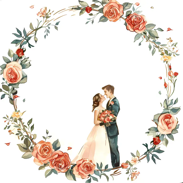 Wedding Couple in Floral Wreath