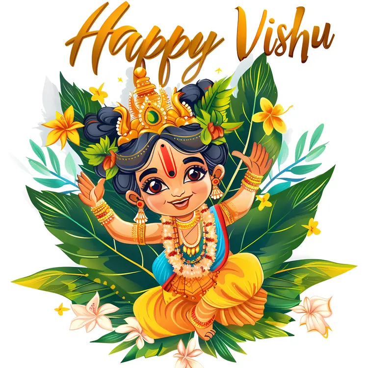 Happy Vishu Text with Child and Floral Design