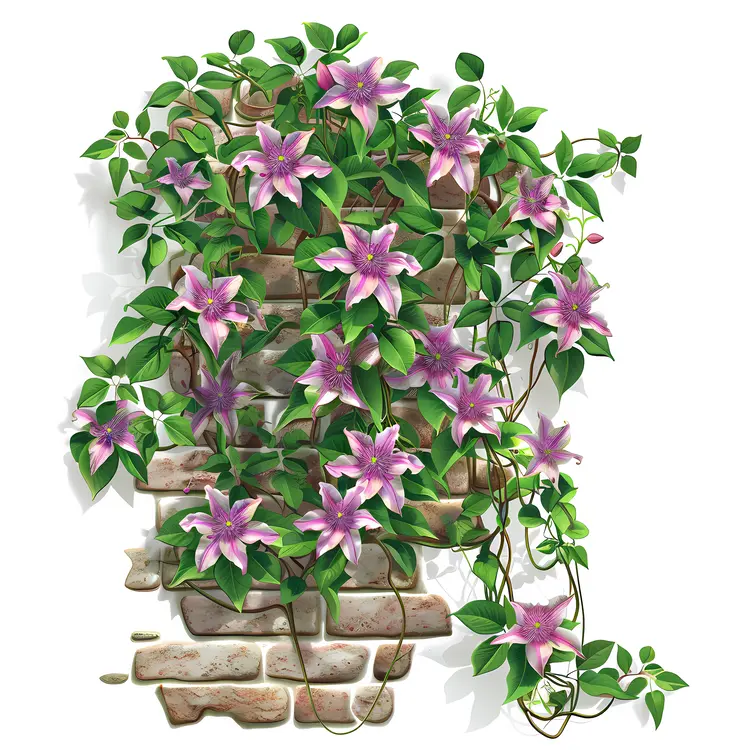Purple Flowers Growing on Brick Wall