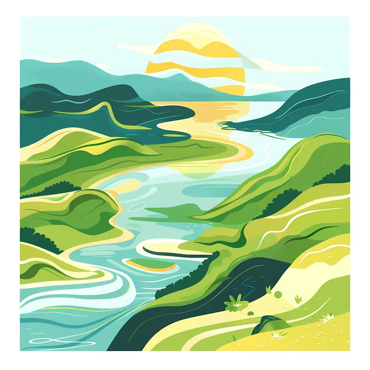 Sunrise River Valley with Rolling Hills