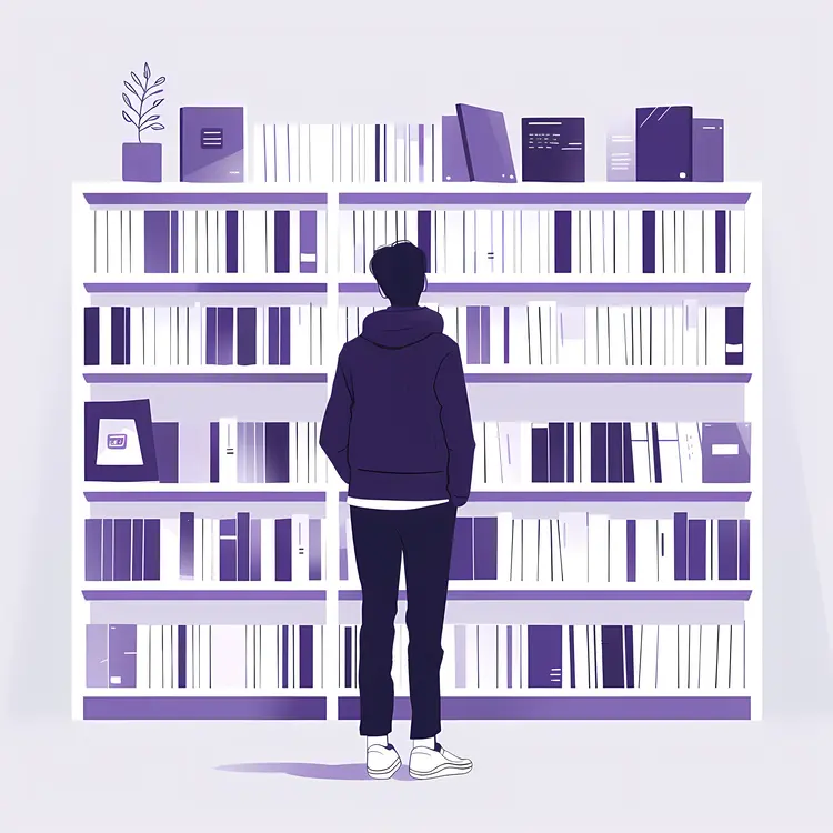 Boy Reading in Front of Bookshelf