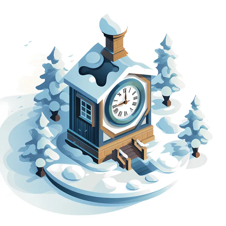 Snowy Clock House in Winter Forest