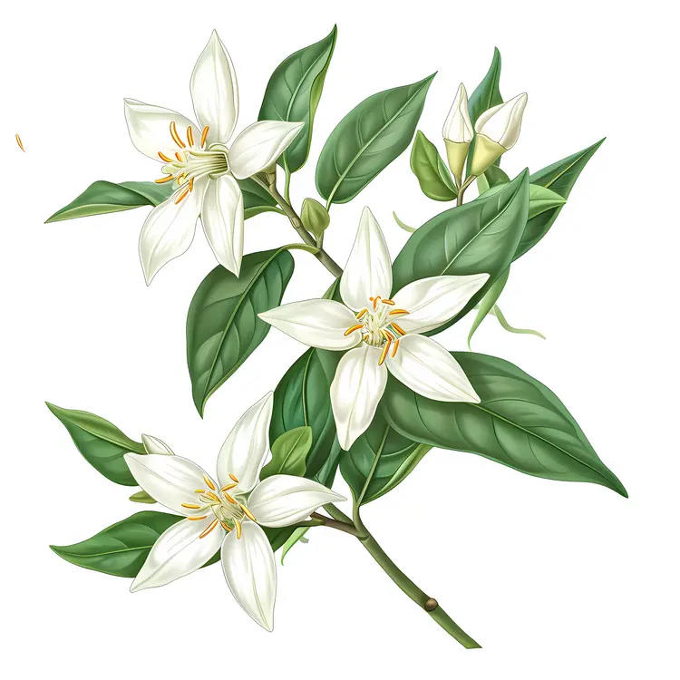 Detailed Illustration of White Flowers and Green Leaves