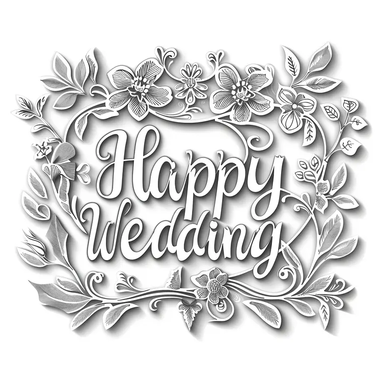 Happy Wedding Text with Ornate Floral Design