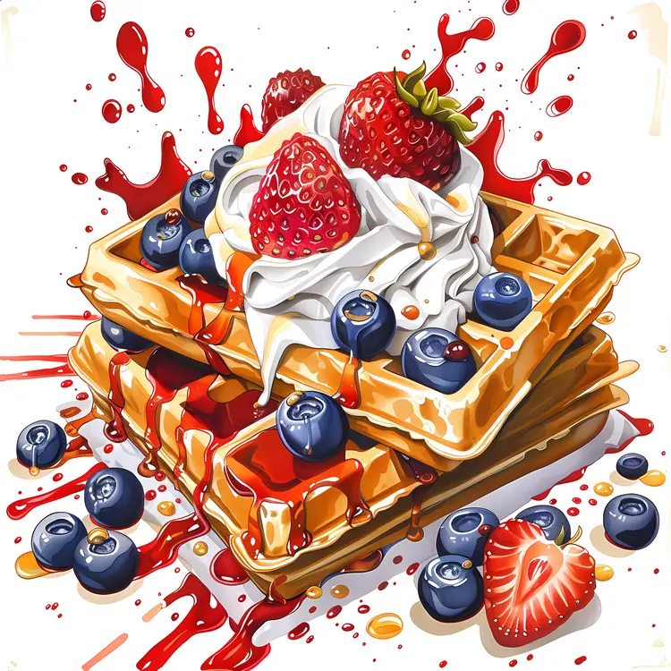 Stacked Waffles with Berries and Syrup