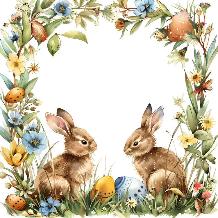 Easter Bunnies with Decorated Eggs and Spring Flowers
