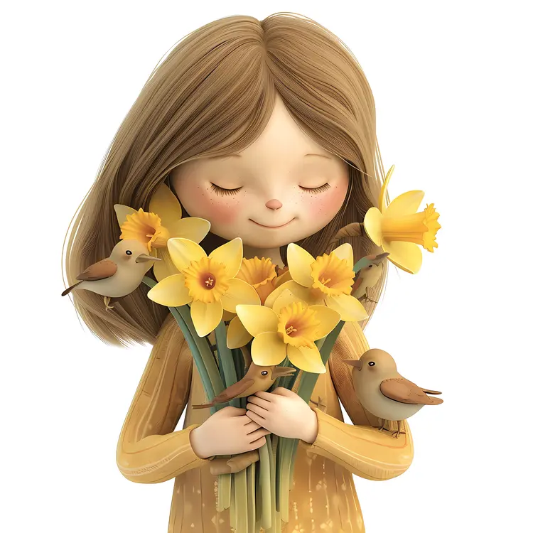 Girl Holding Daffodils with Birds