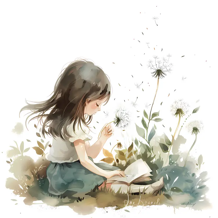 Girl Reading with Dandelions
