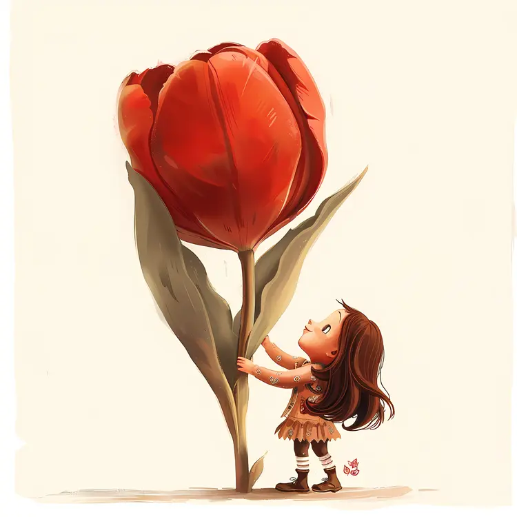 Girl Looking Up at Giant Red Tulip