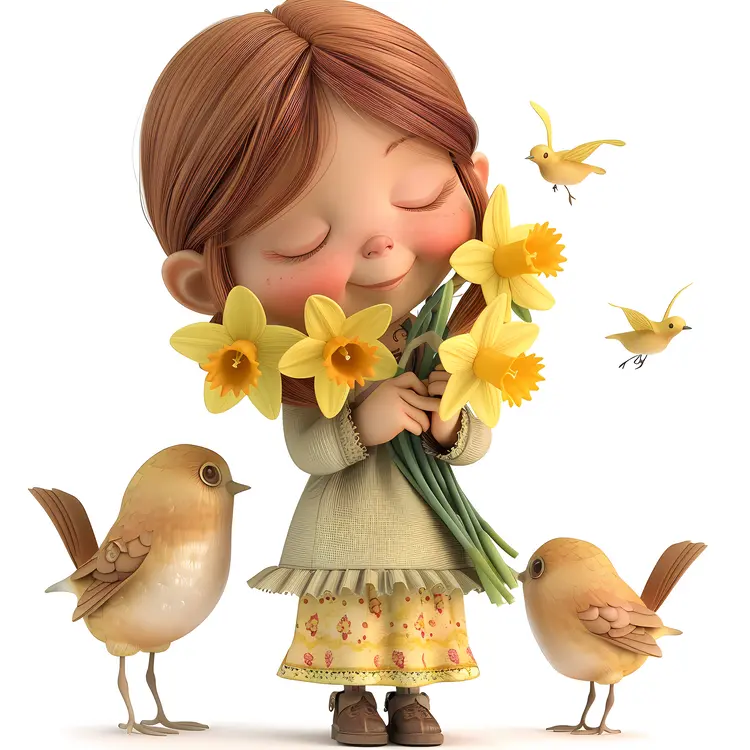 Girl Holding Daffodils with Birds