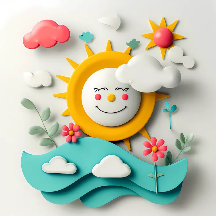 Smiling Sun with Clouds and Flowers