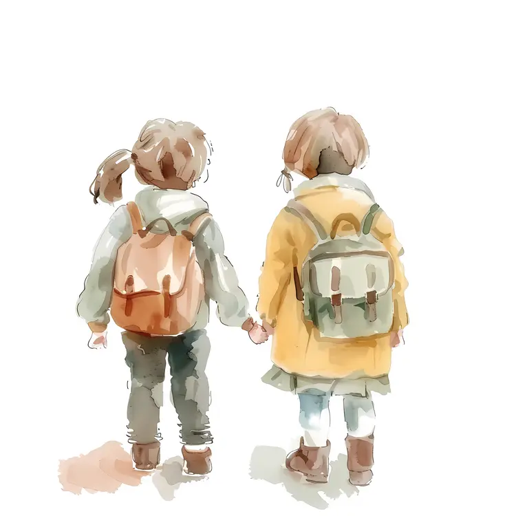 Children Holding Hands with Backpacks
