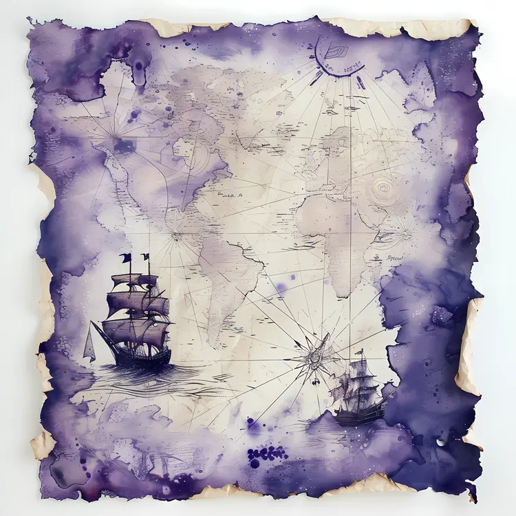 Antique World Map with Ships and Compass