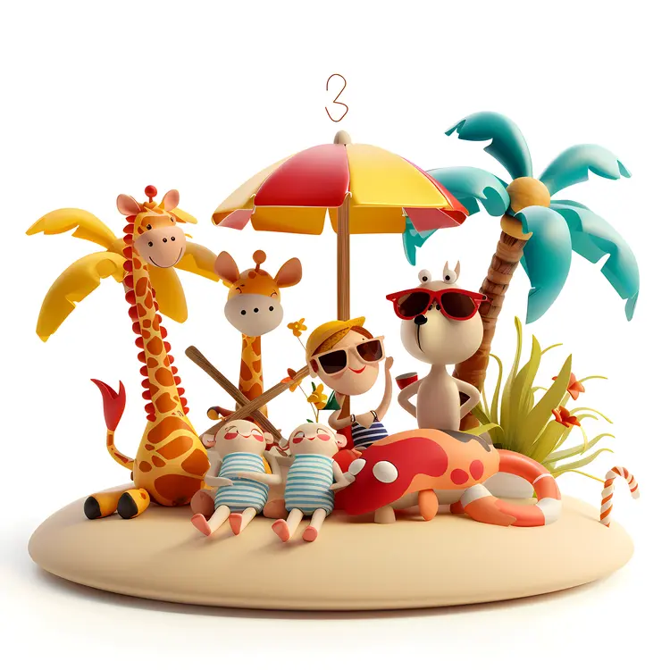 Cartoon Beach Party with Animals