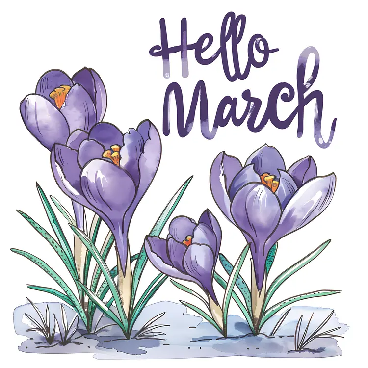 Hello March with Purple Crocus Flowers