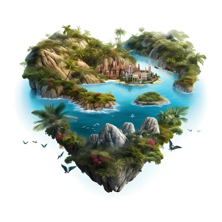 Heart-shaped Island with Buildings and Beach