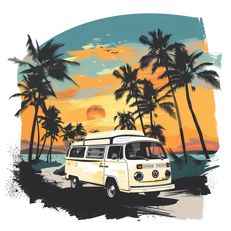 Yellow Van at Beach Sunset