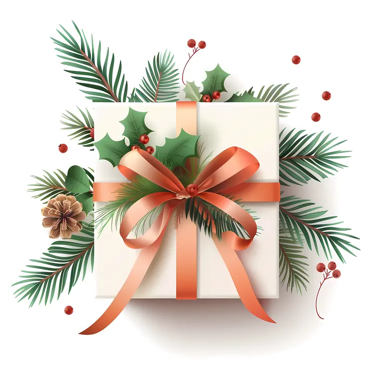 Festive Gift Box with Holly and Ribbon
