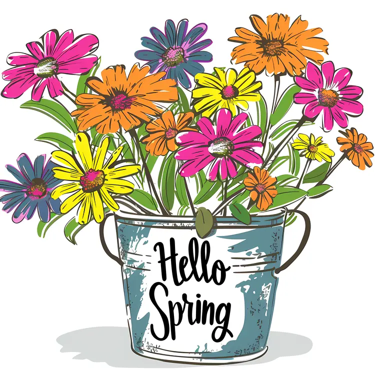 Hello Spring with Colorful Flowers in a Rustic Bucket