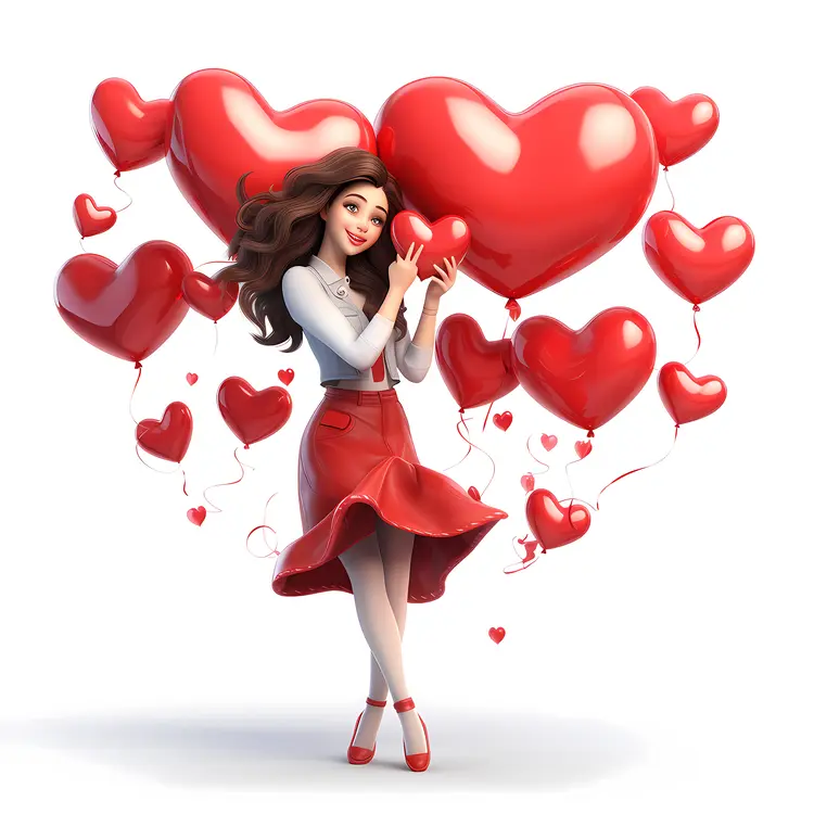 Girl Surrounded by Red Heart Balloons