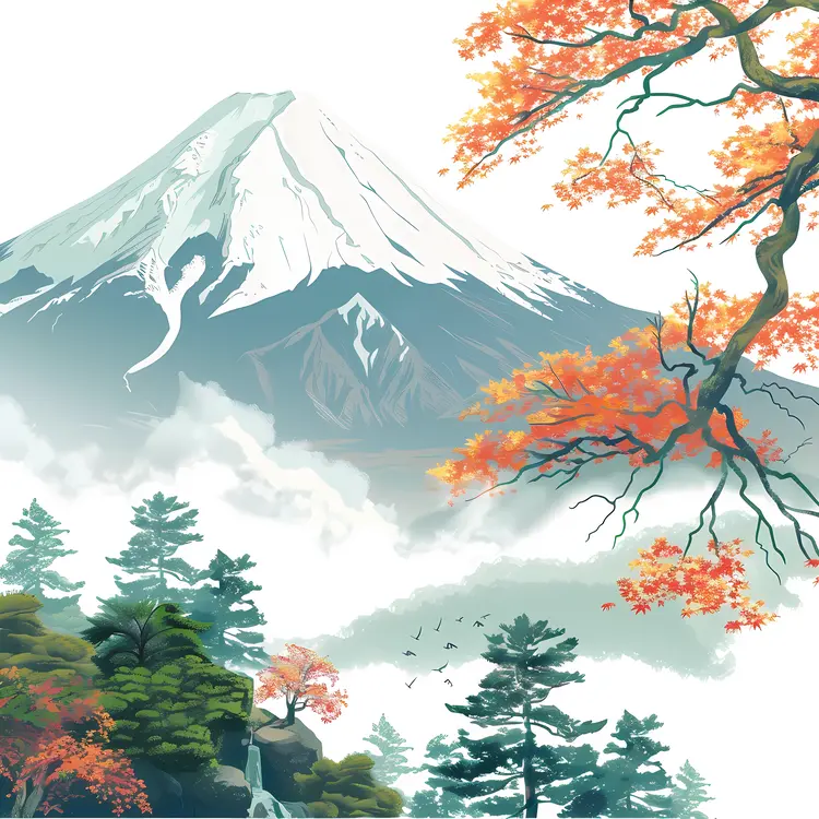 Mountain with Autumn Trees Scenic Art