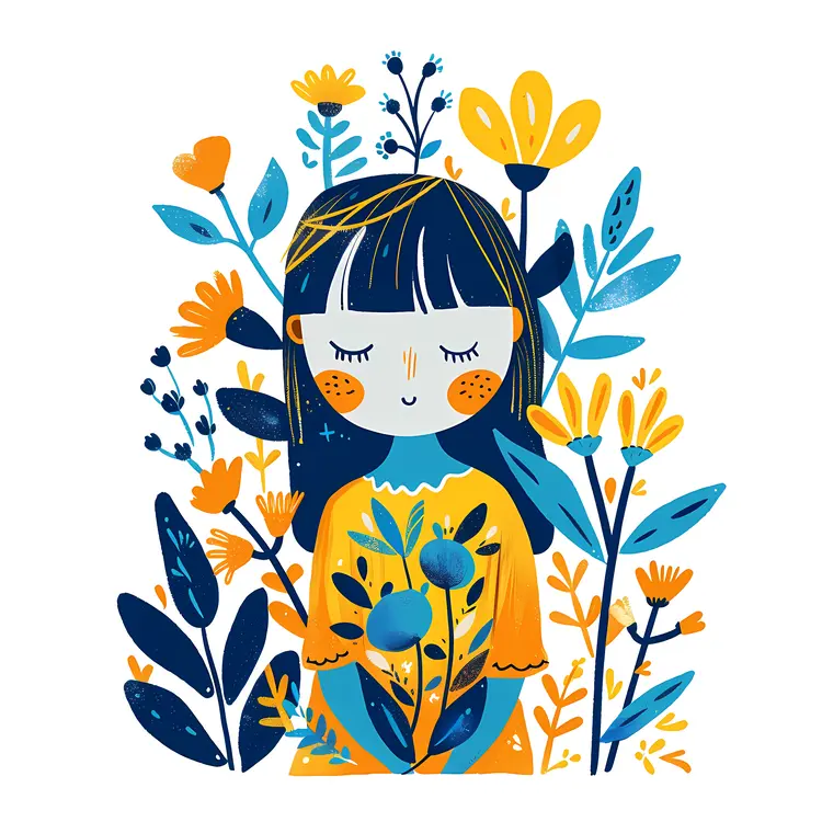 Cute Girl with Flowers in Blue and Yellow Illustration