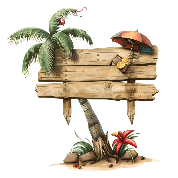 Wooden Sign with Palm Tree and Beach Elements