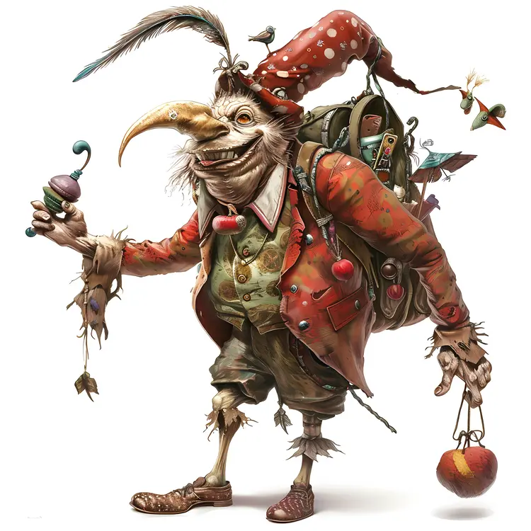 Whimsical Character with Bird and Backpack