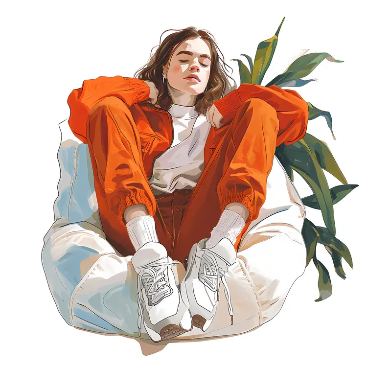 Girl in Orange Outfit Relaxing on Bean Bag