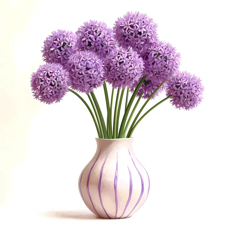 Purple Flowers in Striped Vase for Home Decoration