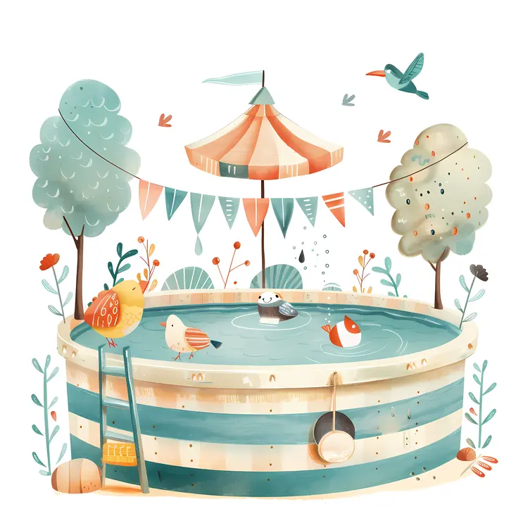 Vintage Swimming Pool with Birds and Decorations