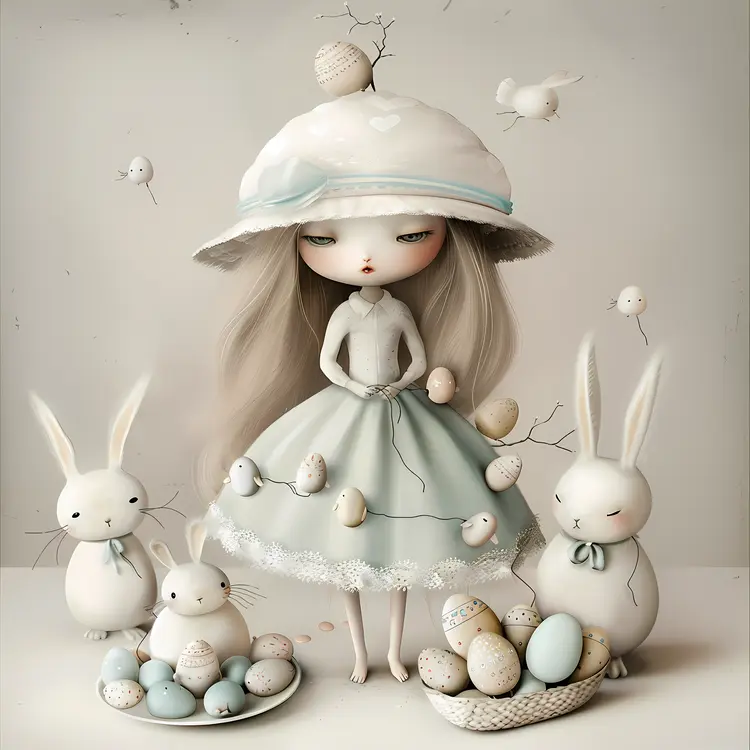 Girl with Bunny and Eggs Illustration