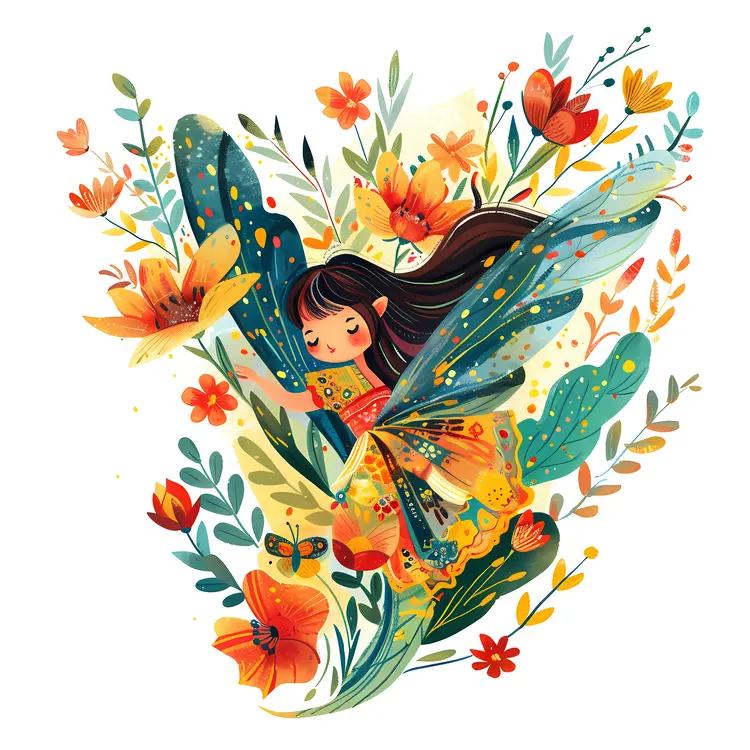 Colorful Fairy with Flowers in a Garden