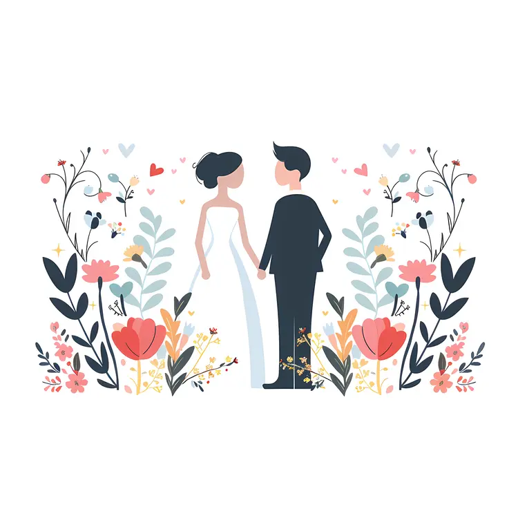 Wedding Couple Holding Hands Surrounded by Flowers