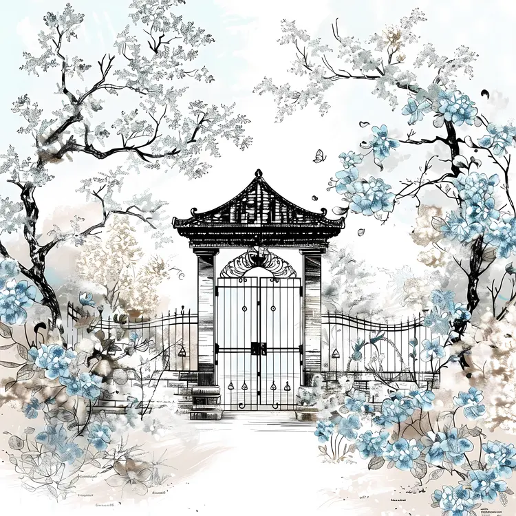 Traditional Garden Gate with Blue Flowers
