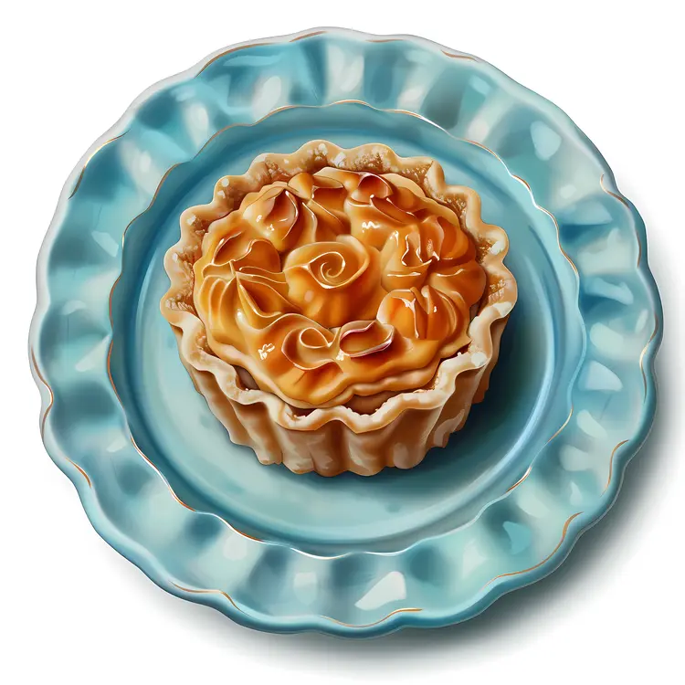 Custard Tart with Swirled Topping on a Blue Plate