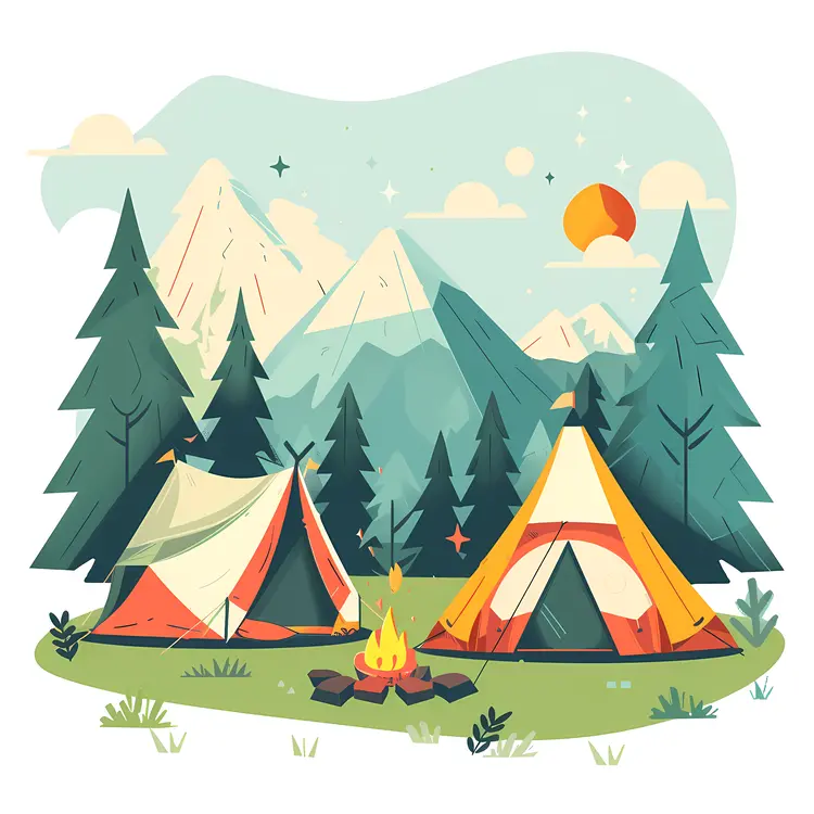 Serene Camping Scene with Tents and Campfire