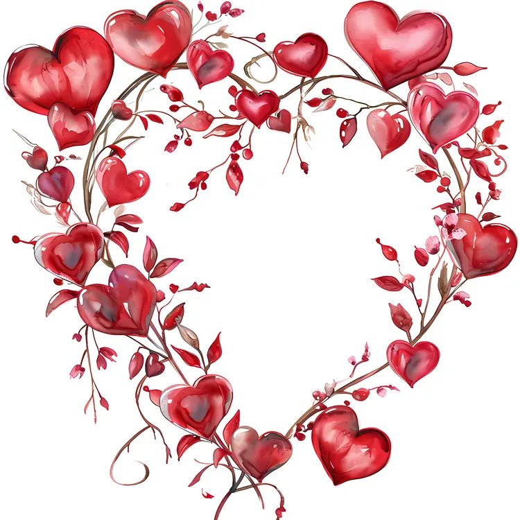 Red Hearts and Branches in Heart Shape Frame