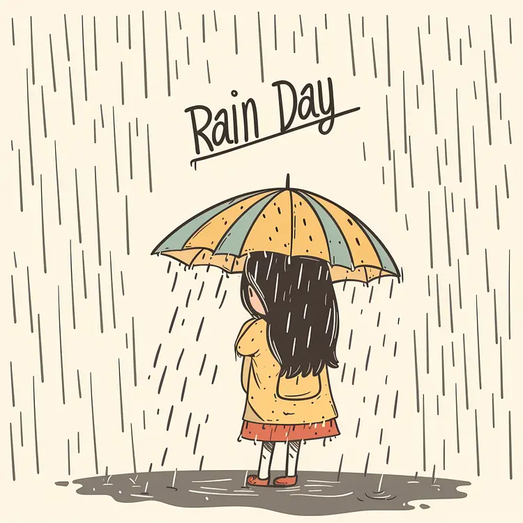 Girl with Multicolored Umbrella on Rainy Day