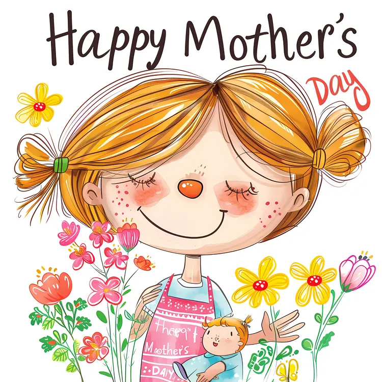 Happy Mother's Day Card with Girl and Flowers