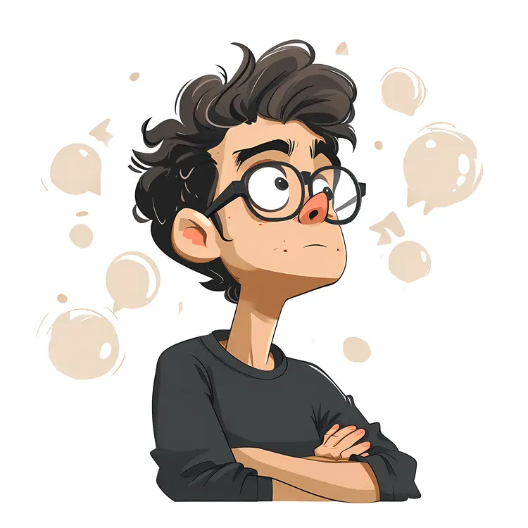 Cartoon Boy with Glasses and Thought Bubbles