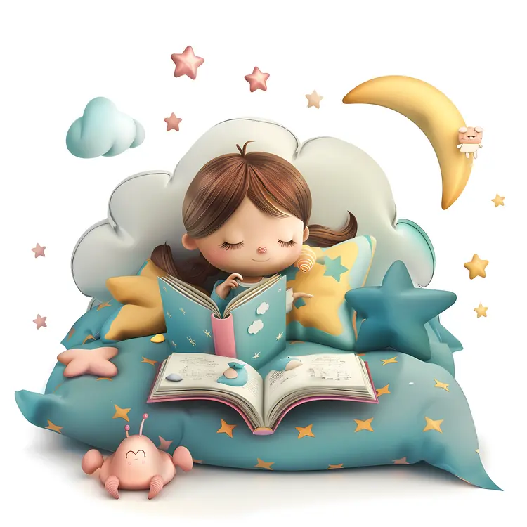 Girl Reading with Stars and Moon
