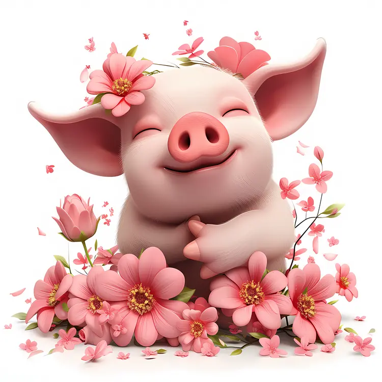 Happy Pig Surrounded by Pink Flowers