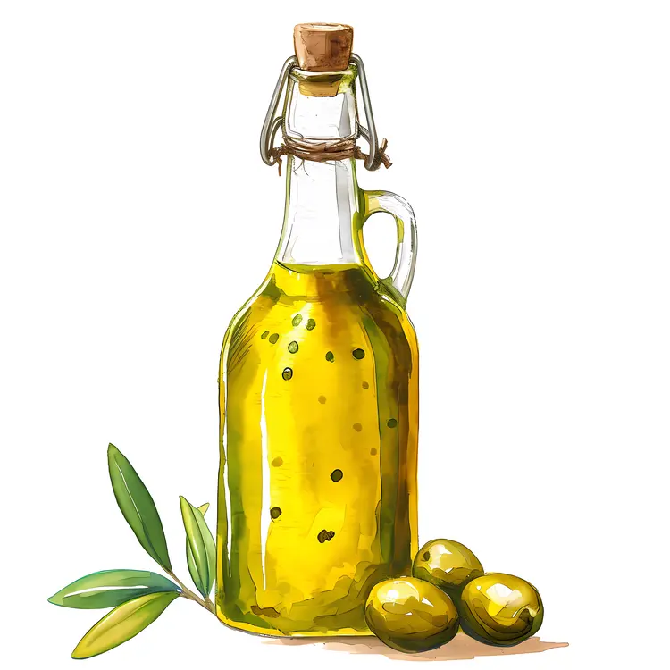 Olive Oil Bottle with Green Olives and Leaves