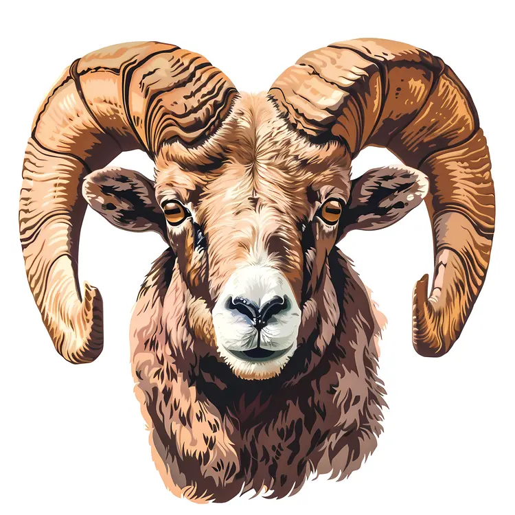 Illustration of a Ram Head with Large Curved Horns
