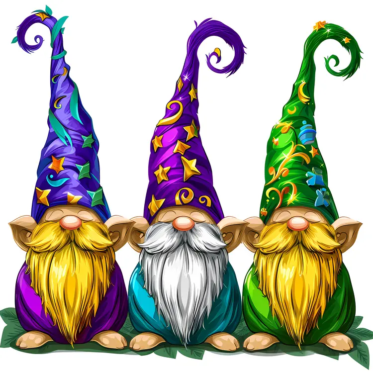 Three Gnomes with Stars and Colorful Hats