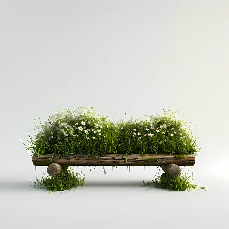 Grass Bench with White Flowers