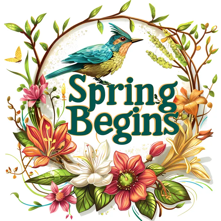 Spring Begins with Bird and Flowers