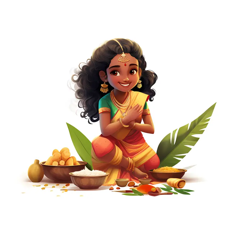 Smiling Girl in Traditional Dress with Food