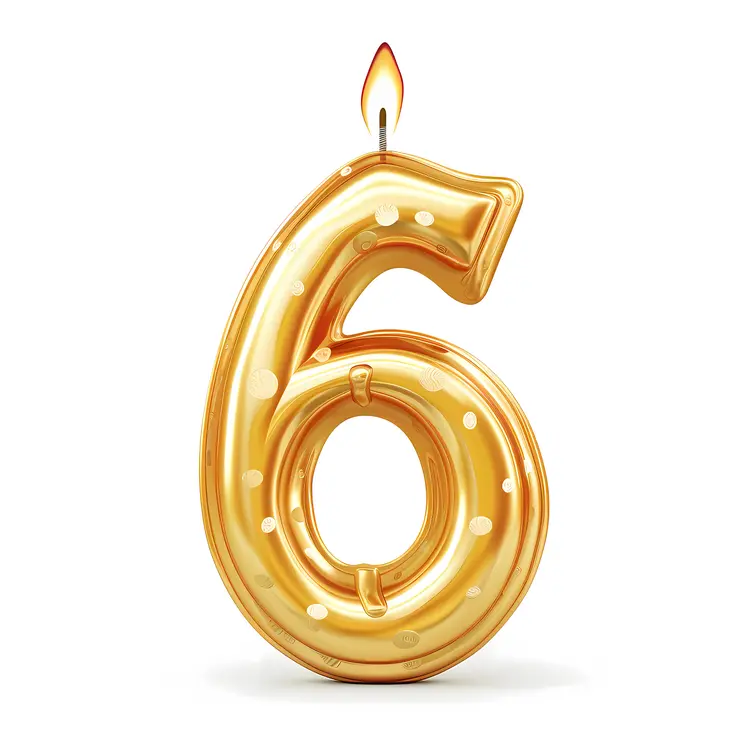 Golden Number 6 Candle with Polka Dots